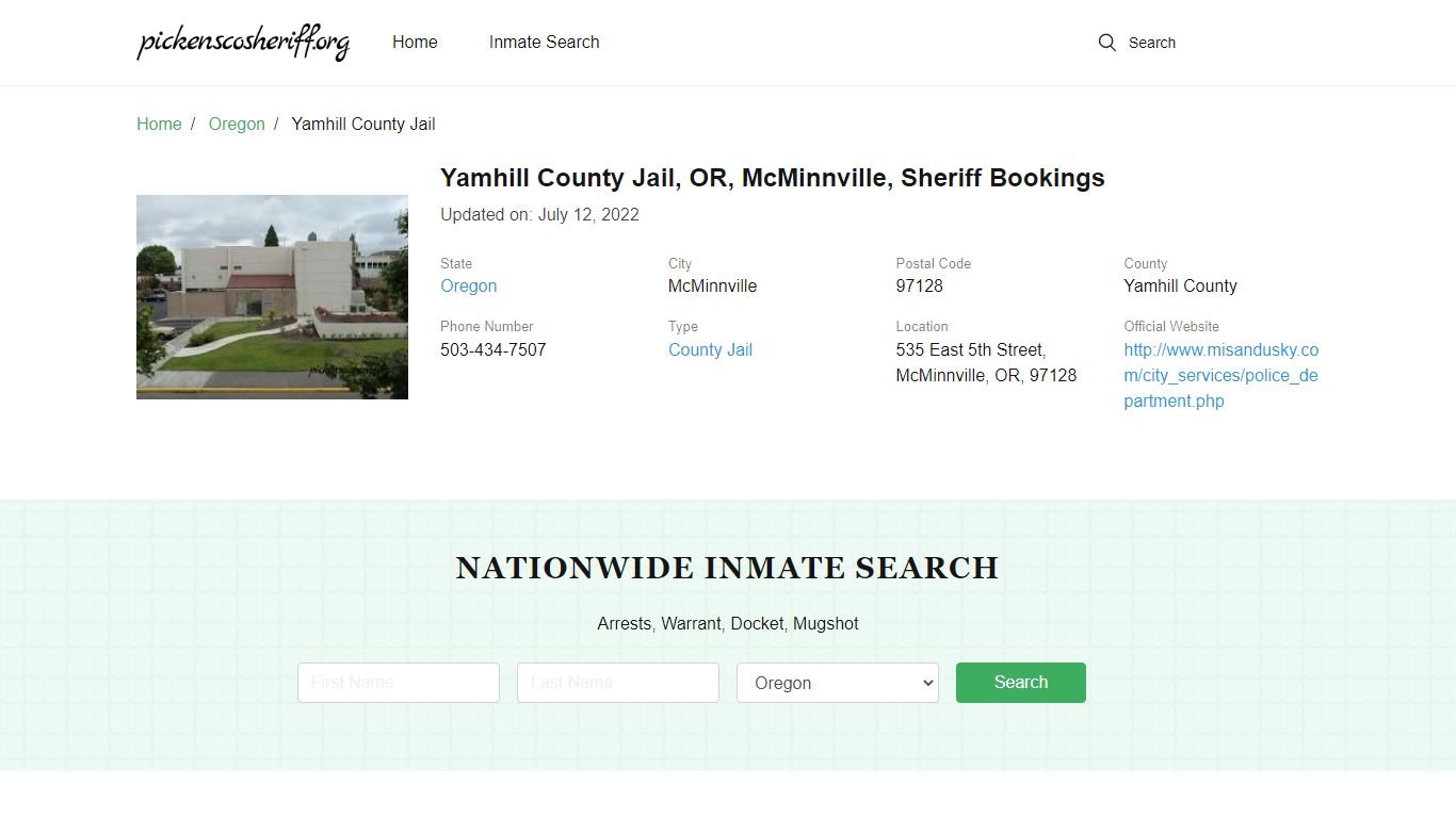 Yamhill County Jail, OR, McMinnville, Sheriff Bookings