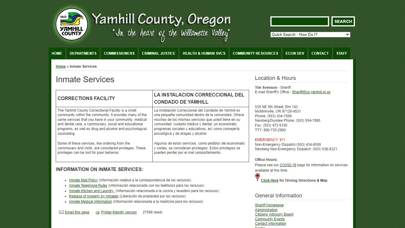 Inmate Services | Yamhill County, Oregon